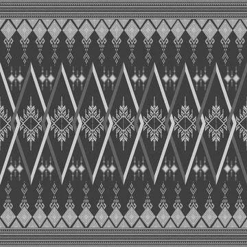 Grayscale Thai Fabric Pattern | Ethnic Ikat Geometric Design for Textiles &amp; Deco Stock Illustration