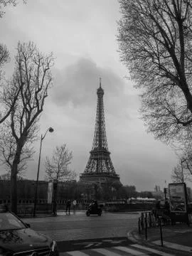 Grayscale vertical shot of the Eiffel Tower in Paris, France Stockfoto's