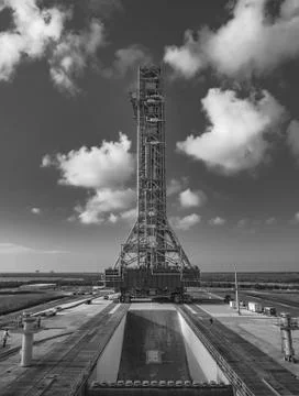 A grayscale vertical shot of a tall tower that will hold the SLS rocket in Ke Stock Photos