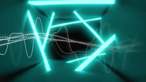 Grayscale waveforms drifting initiating neon rods fading, pulsing 3D cyan tunnel Stock Footage 319343098