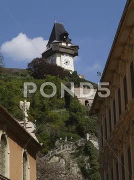 Graz building uhrturm austria city tourism trip Stock Photos