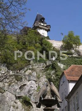 Graz building uhrturm austria city tourism trip Stock Photos