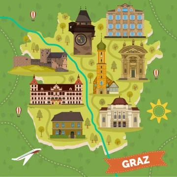 Graz town map with sightseeing landmarks Stock Illustration