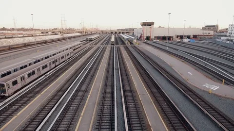 Great aerial shot over multiple Train Tracks Stock Footage 89452006