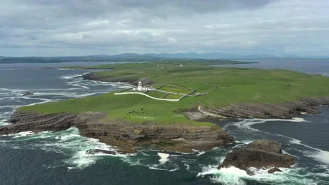 Great Aerial View over St Jons Point Lighthouse, Donegal, Ireland Stock Footage 232040128
