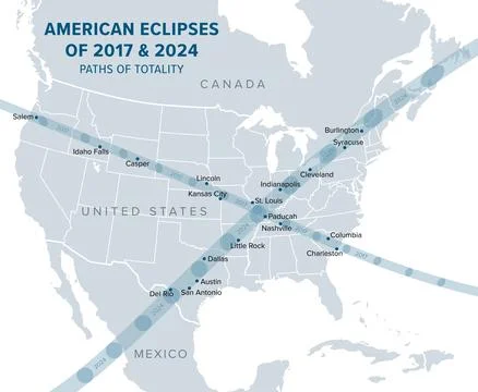 Great American Eclipses of 2017 and 2024, Paths of Totality, political map 스톡 일러스트
