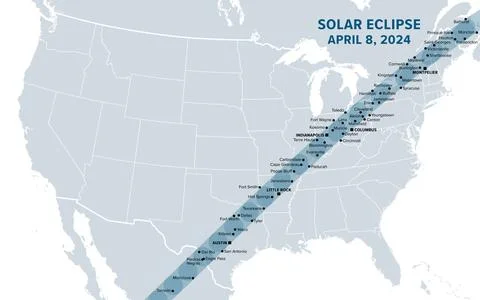 Great American Total Solar Eclipse of April 8, 2024. map with path of totality Stock Illustration