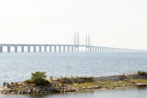 Great Belt Bridge spanning over water with visible pillars and cables, surr.. Stock Photos