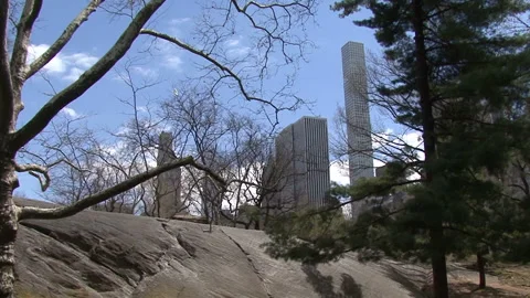 A great boulder in New York's Central Park  on the background of skyscrapers Stock Footage 97707464
