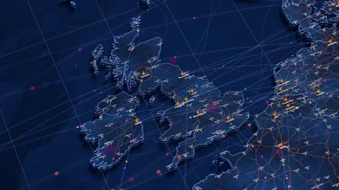 Great Britain map big data visualization. Futuristic digital map with data flow Stock Footage 333403304