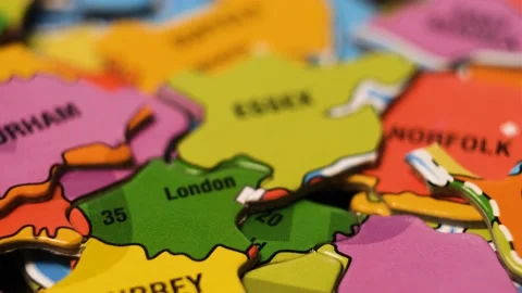 Great Britain Map Puzzle Blocks with English Cities. Close-Up Video Background, Stock Footage 230912527