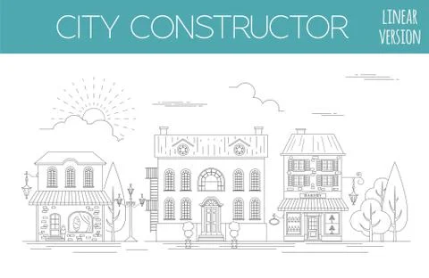 Great city map creator. Outline version. House constructor. House, cafe, rest Stock Illustration