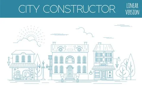 Great city map creator. Outline version. House constructor. House, cafe, rest Stock Illustration