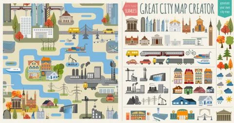 Great city map creator.Seamless pattern map and  Houses, infrastructure, indu Stock Illustration