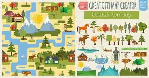 Great city map creator.Seamless pattern map. Camping, outdoor, countryside. M 스톡 일러스트