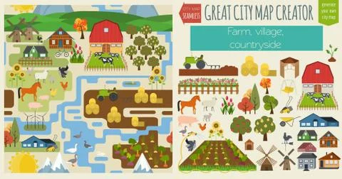 Great city map creator.Seamless pattern map. Village, farm, countryside, agri Stock Illustration