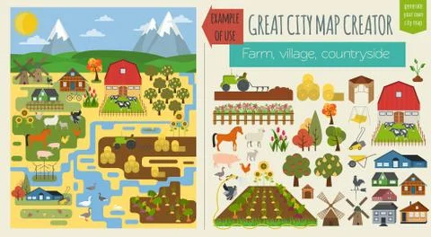 Great city map creator.Seamless pattern map. Village, farm, countryside, agri Stock Illustration