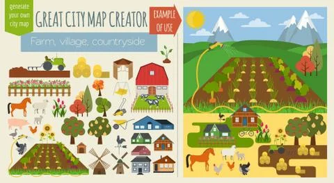 Great city map creator.Seamless pattern map. Village, farm, countryside, agri Stock Illustration