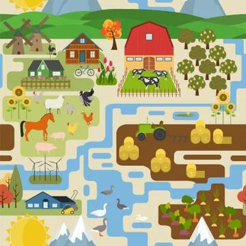 Great city map creator.Seamless pattern map. Village, farm, countryside, agri Stock Illustration