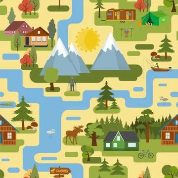 Great city map creator.Seamless pattern map. Camping, outdoor, countryside. M Stock Illustration