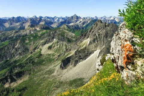 Great clear view from high mountain to many other peaks Stock Photos