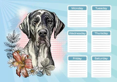 Great Dane printable planner and school schedule vector Stock Illustration