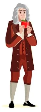 Great english scientist physicist learning about gravity with an apple epiphany Stock Illustration