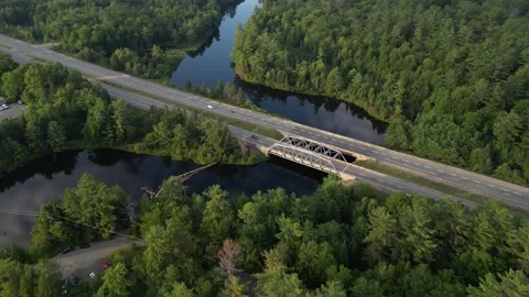 Great Evening Drone flight (slow upward tilt) of Muskoka Canada (Bracebridge Stock Footage 314233912