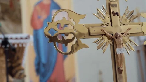 Great hand-painted domes of the cathedral, iconostasis, sun rays in the church Stock Footage 102498993