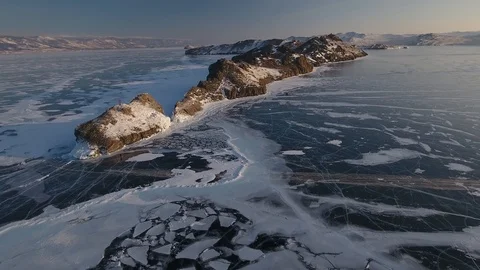 Great height texture blue ice cracked Lake Baikal Russia Olkhon Winter sunrise Stock-Footage 88166615