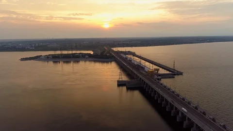 From great hight epic sunset under hydropower plant hydroelectric power station  Stock Footage 120001524