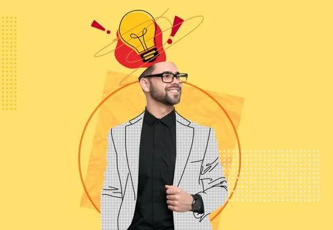 Great idea or solution, creative art collage. Businessman with light bulb a.. Stock Photos
