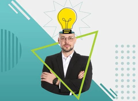 Great idea or solution, creative art collage. Businessman with light bulb s.. Stock Photos