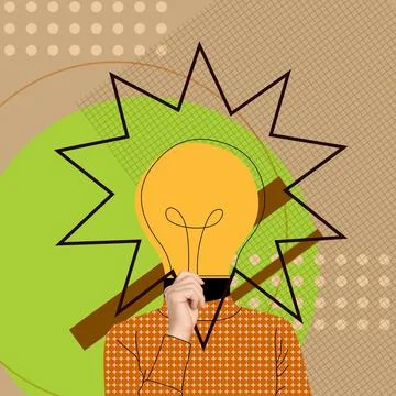 Great idea or solution, creative art collage. Woman with illustration of li.. Stock Photos