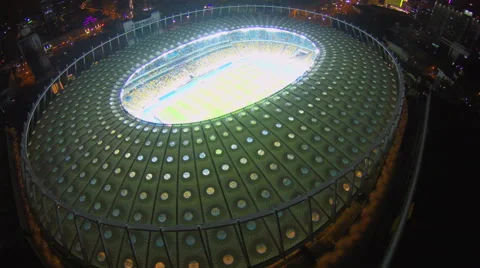 Great illuminated stadium, sporting event, view from top, aerial Stock Footage