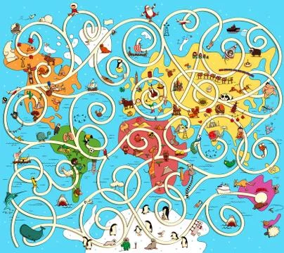 Great Map of the World Maze Game. Find the right way from Australia to Europe Stock Illustration