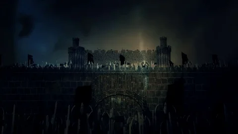 Great Medieval Army of Warriors Marching and conquering a Fortress Under a Storm Stock Footage 73951221