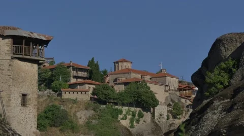 The Great Meteoron Monastery framed between Varlaam Monastery and high rocks Stock Footage 67718125