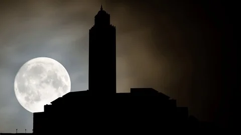Great Mosque Hassan II by Night with Full Moon, Casablanca, Morocco Stock Footage 105964597
