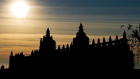 Great Mud Mosque of Djenn in Silhouette at Sunset, Mali Stock Footage 106274689