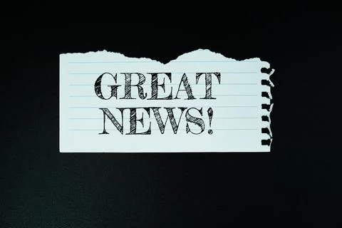 Great News! text on paper torn top view on black background Stock Photos