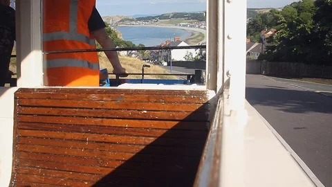 Great Orme funicular cable-hauled tramway POV descending the hill to Llandudn Stock Footage 123912854
