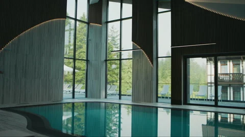 Great Pool Inside Hotel. Chic Interior. Stock Footage 254202347