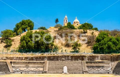 The Great Pyramid and the Our Lady of Remedies Church in Cholula, Mexico Stock Photos