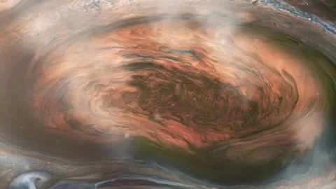 Great Red Spot Storm on Jupiter, Swirling Clouds and Atmospheric Vortex   Stock Footage 115690702