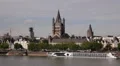 Great Saint Martin Church Cologne Old Town Houses Skyline Tour Boat Rhine River HD Footage