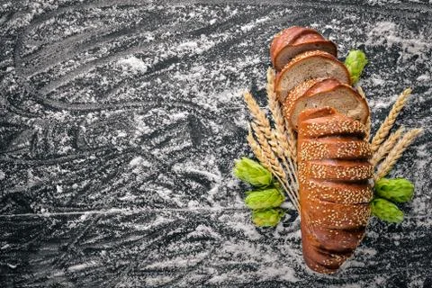 A great selection of baking and bread. Top view. Free space for text. Stock Photos