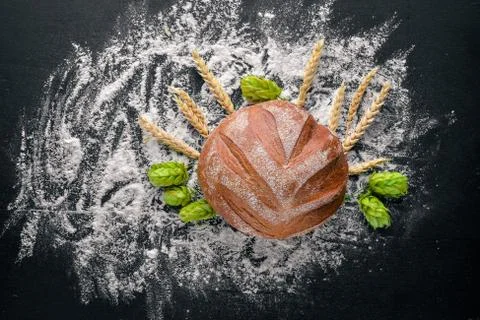 A great selection of baking and bread. Top view. Free space for text. Stock Photos