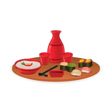 Great set of various different types of sushi lie on a tray. Stock Illustration