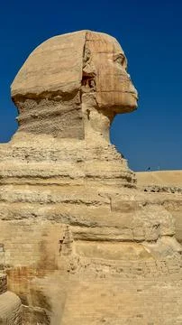 The Great Sphinx guards the pyramids of the pharaohs at Giza. Stock Photos